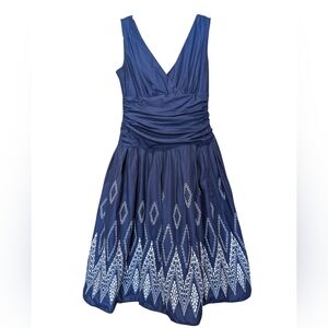 S.L. Fashions Sleeveless Gathered Navy And White Embroidered Full Skirted Dress6